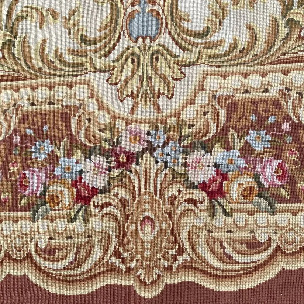Vtg Aubusson-Style Needlepoint Floral Tapestry Rug Baroque No Backing Pink Brown